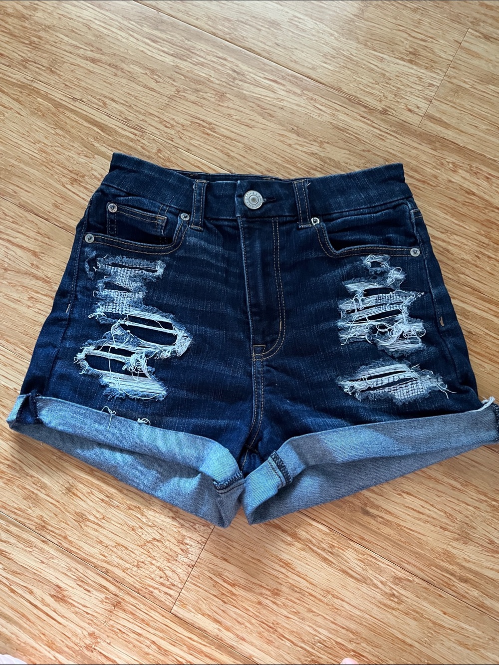 American Eagle Outfitters Dark Blue Distressed Rolled Hem Jean Shorts